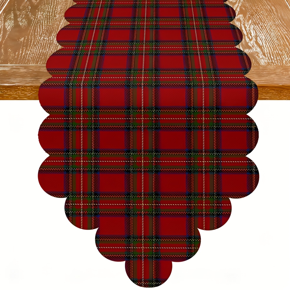 TEMU 1pc Scalloped Linen Table Runner, Red Scottish Tartan Print, Traditional Christmas Holiday Table Decor