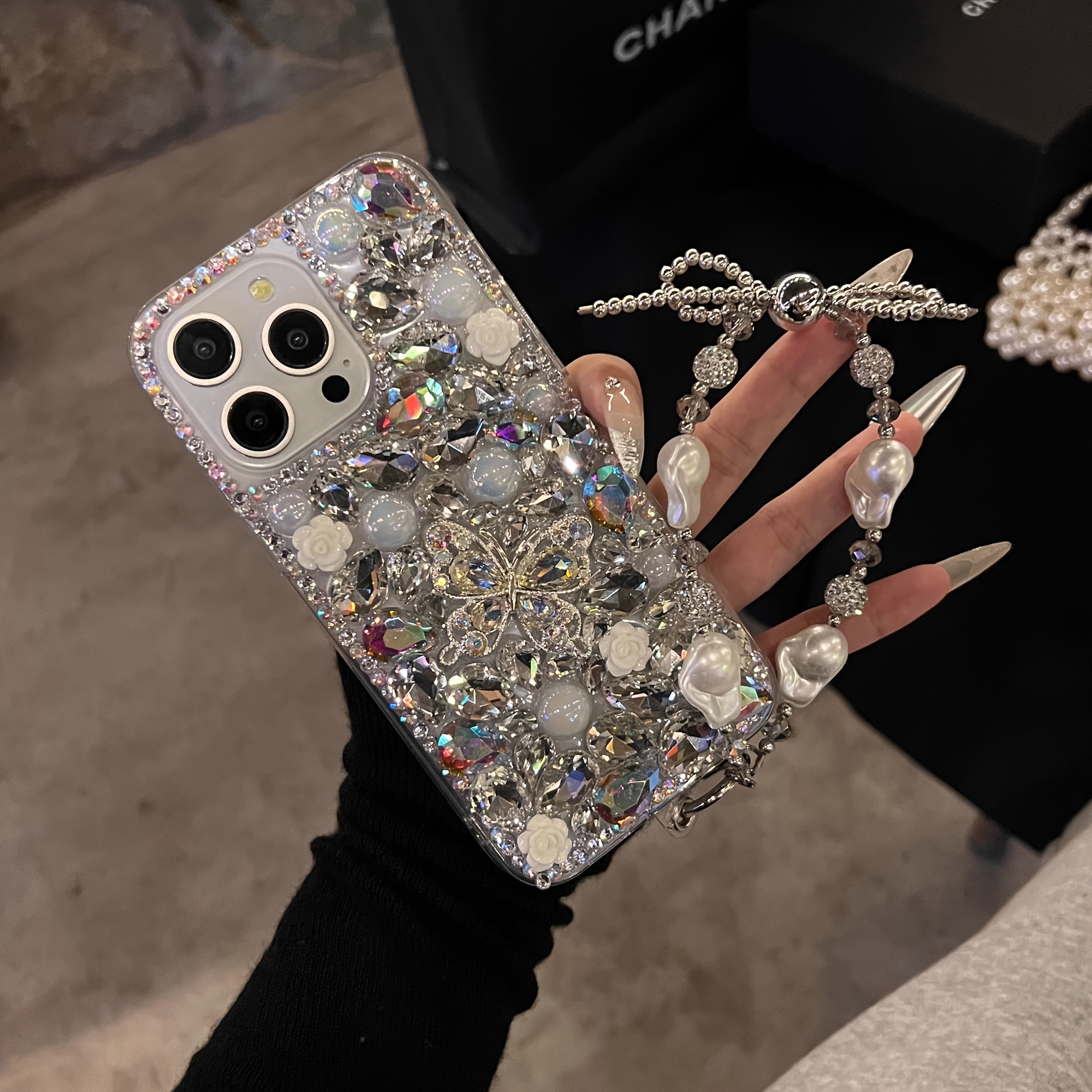 TEMU Phone Case: Luxury Women's Camellia Full-cover Rhinestone Phone Case With Bracelet, Compatible With Iphone 16 15 14 13 12 11 Pro Max