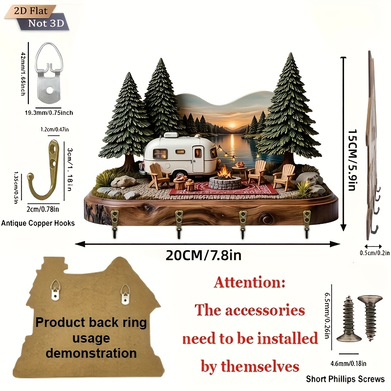 E-shop 2D-Ebene. . Schlüsselhaken mit Camping- – Multifunktionaler dekorativer Schlüsselhalter aus Holz mit vier Metallhaken, Wanddeko, Raumdeko, , für