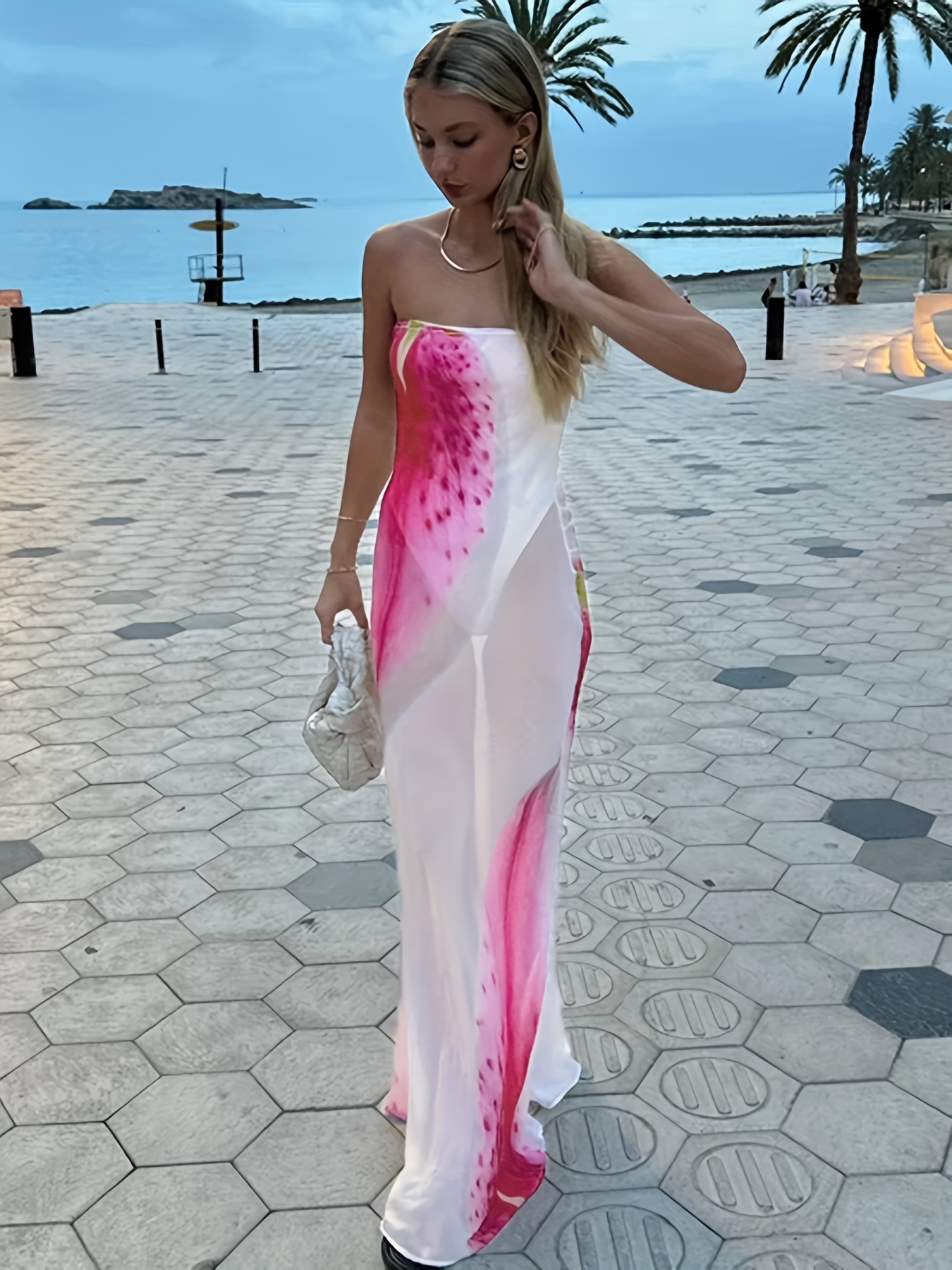 strapless open back dress Pink Graceful Floral Georgette Frock – Ethnic Summer Collect main image 1