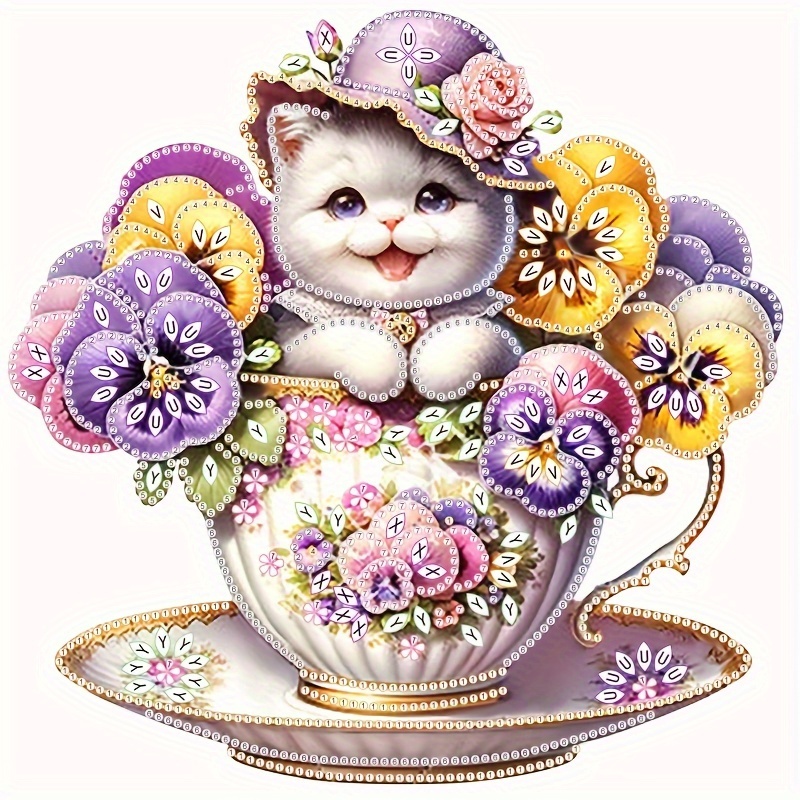 

Diamond Art Painting, Teacup Cat Full Diamond Art Customize, Decorative Wall Art Hanging Painting Home Decoration Valentine's Day Gifts, Decorative Craft Wall Art