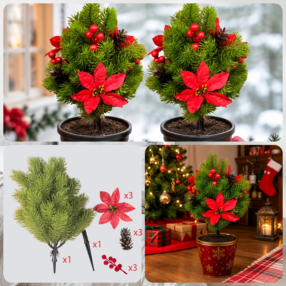 TEMU 1pc High-end Luxurious Artificial Christmas Tree With Base And Faux Fruits And Flowers, Uv Resistant And Maintenance-free, Realistic Endless