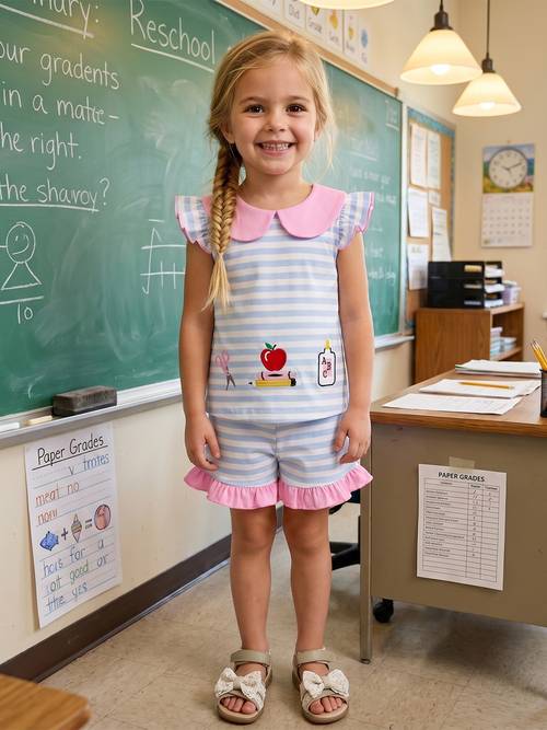 little girl back to school outfit casual embroidered striped doll collar flying sleeve tops and shorts 2pcs set outdoor