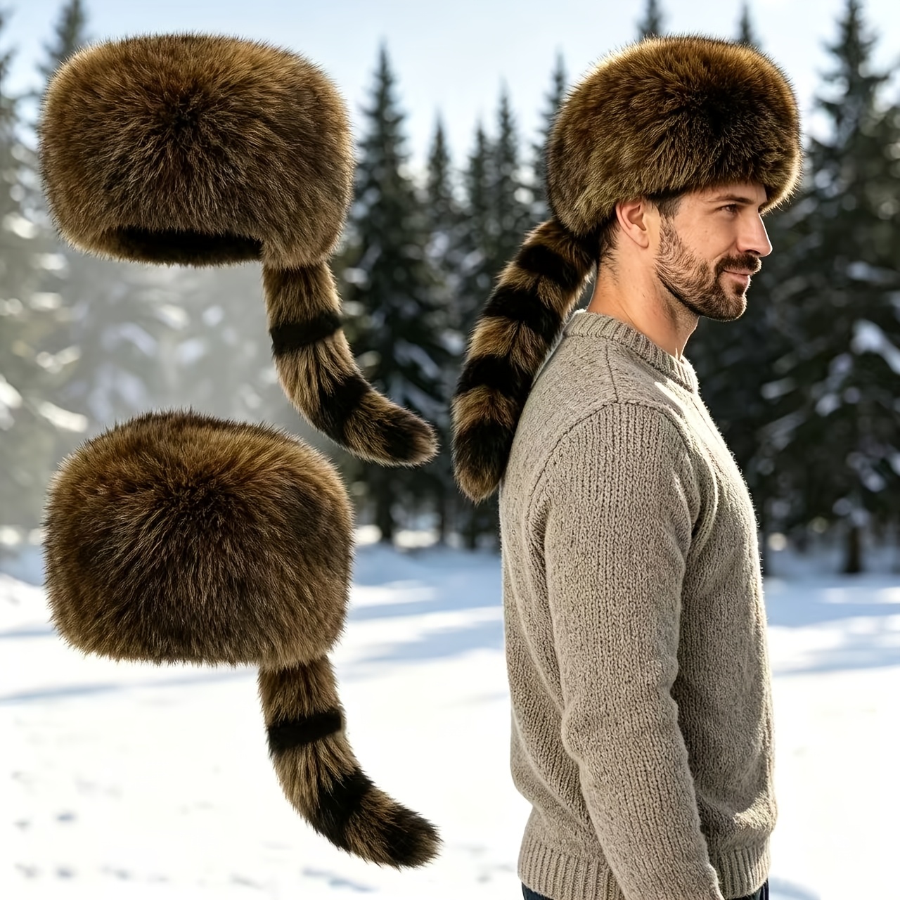 TEMU 2pcs Men's Aviator Hat Set, Retro Raccoon Tail Thickened Hat, Winter Outdoor Ski Cold-proof Warm Hat