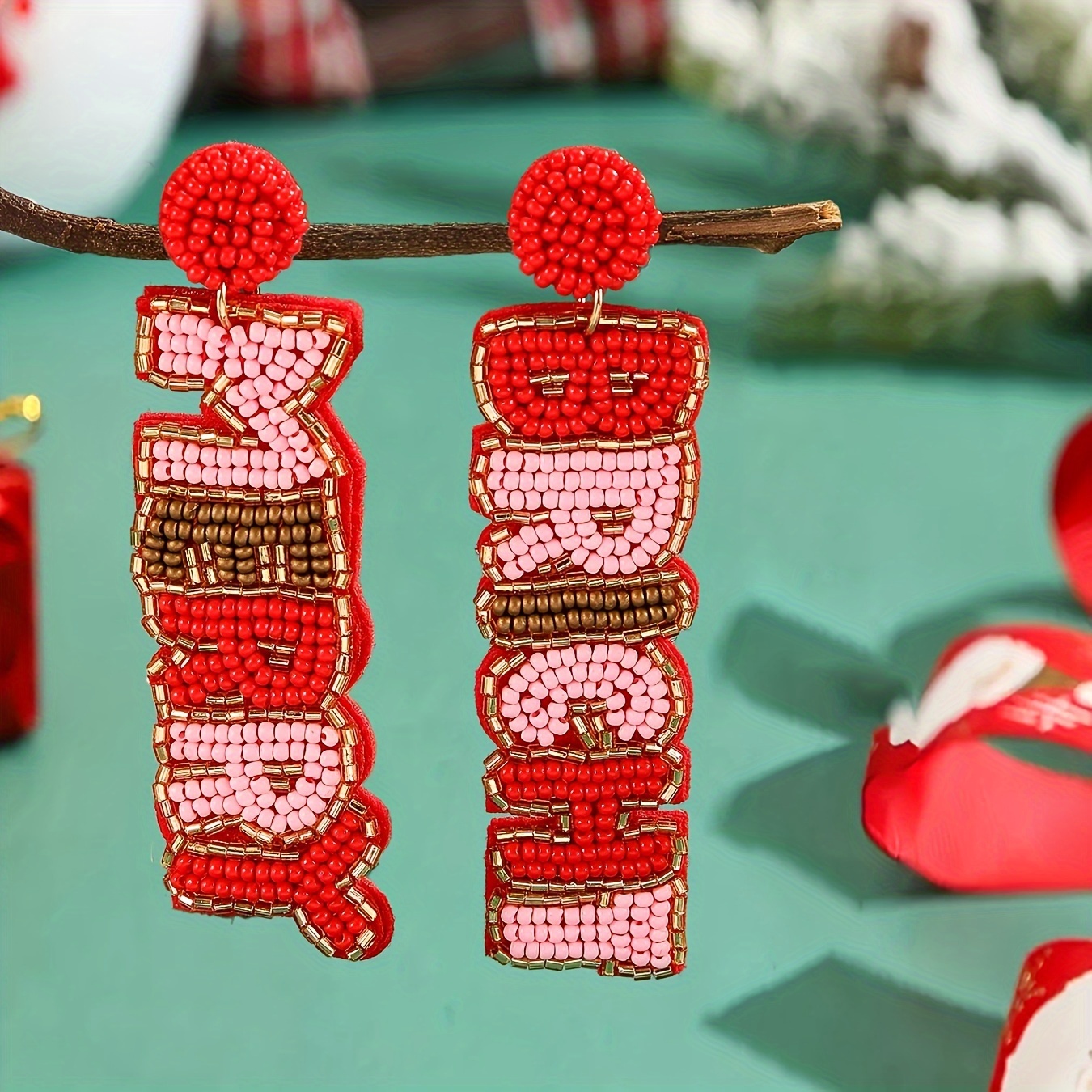 

Chic Handcrafted Beaded Dangle Earrings With 'merry-bricht' Design - Christmas & Holiday Parties, Cute