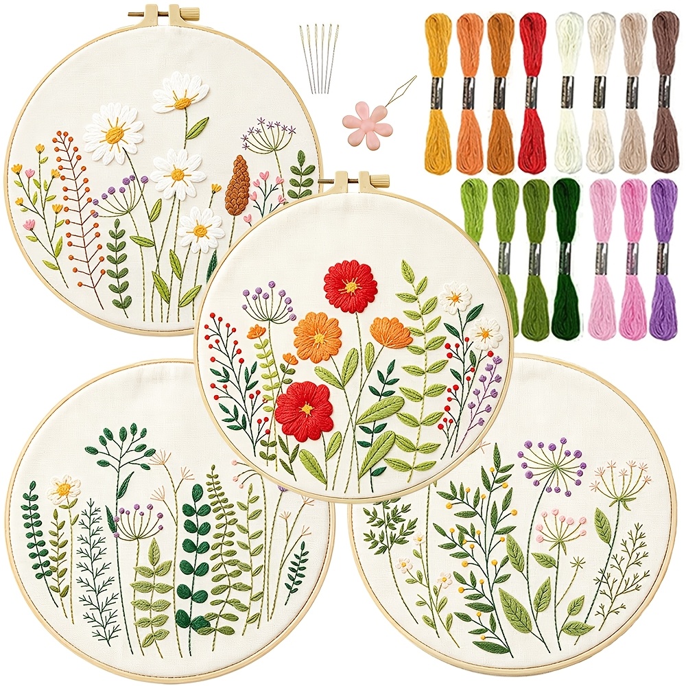 Image of 4pcs Embroidery Set, Featuring Botanical Floral Prints With Instructions, Suitable For Adult Beginners. Diy Embroidery Kit, Ideal As A Holiday Gift For Adults. Embroidery Tools, Colors May