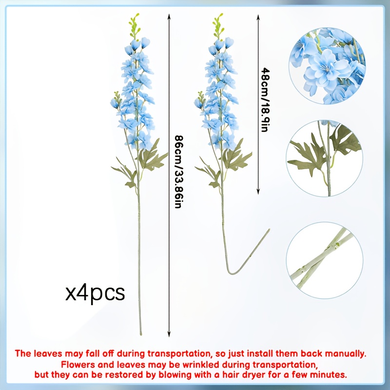 4pcs 33.86 Inch Blue Artificial Flower Stems, Realistic Long Stem Faux With Green Leaves, For Tall Vase Arrangement Wedding Arch Backdrop Table Centerpiece Season Decoration