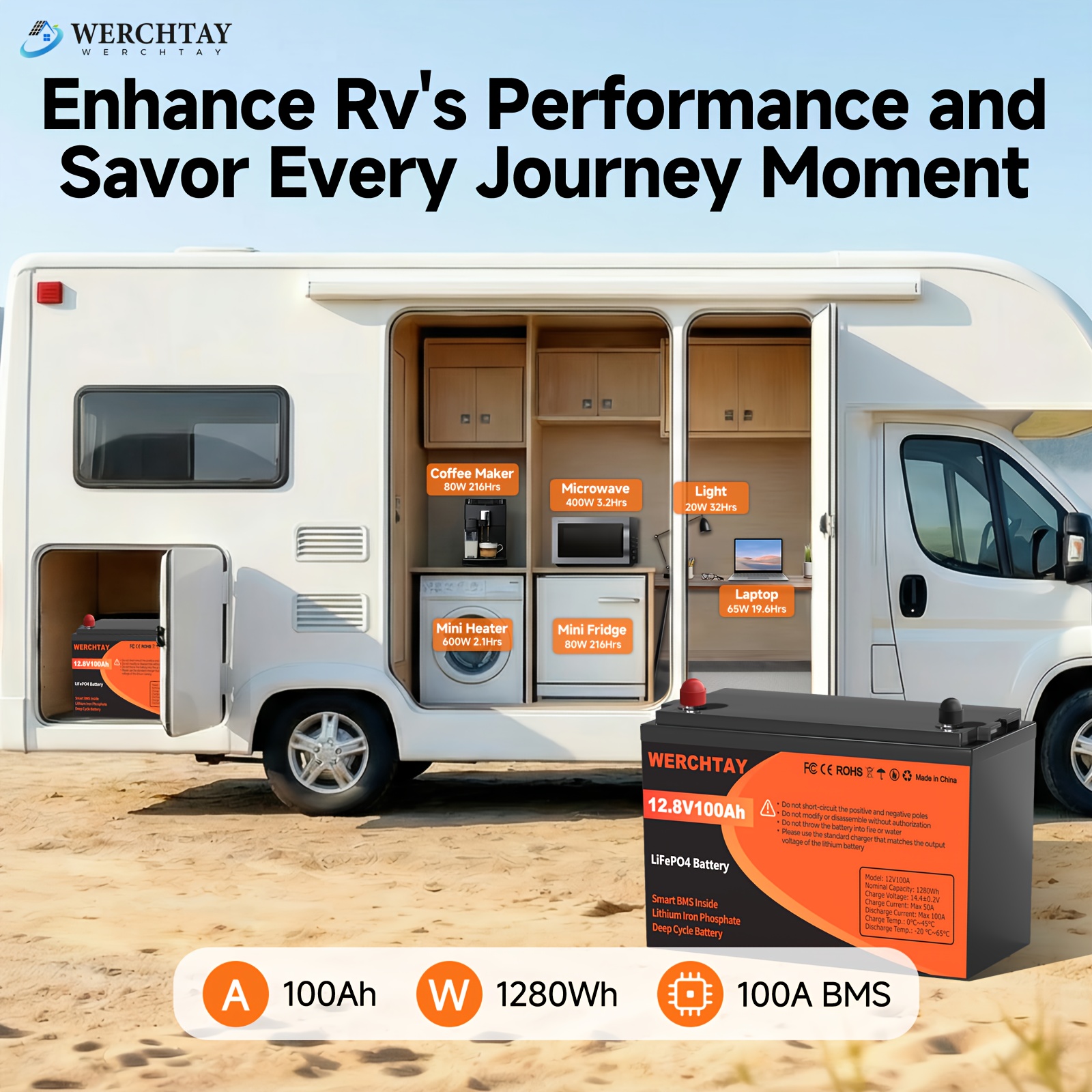 TEMU Werchtay 12.8v Lifepo4 Battery Suitable For Rvs,, Off-grid & Marine Use - 300/200/100ah Lithium Battery With Built-in Bms, Cell, 25000+ Deep