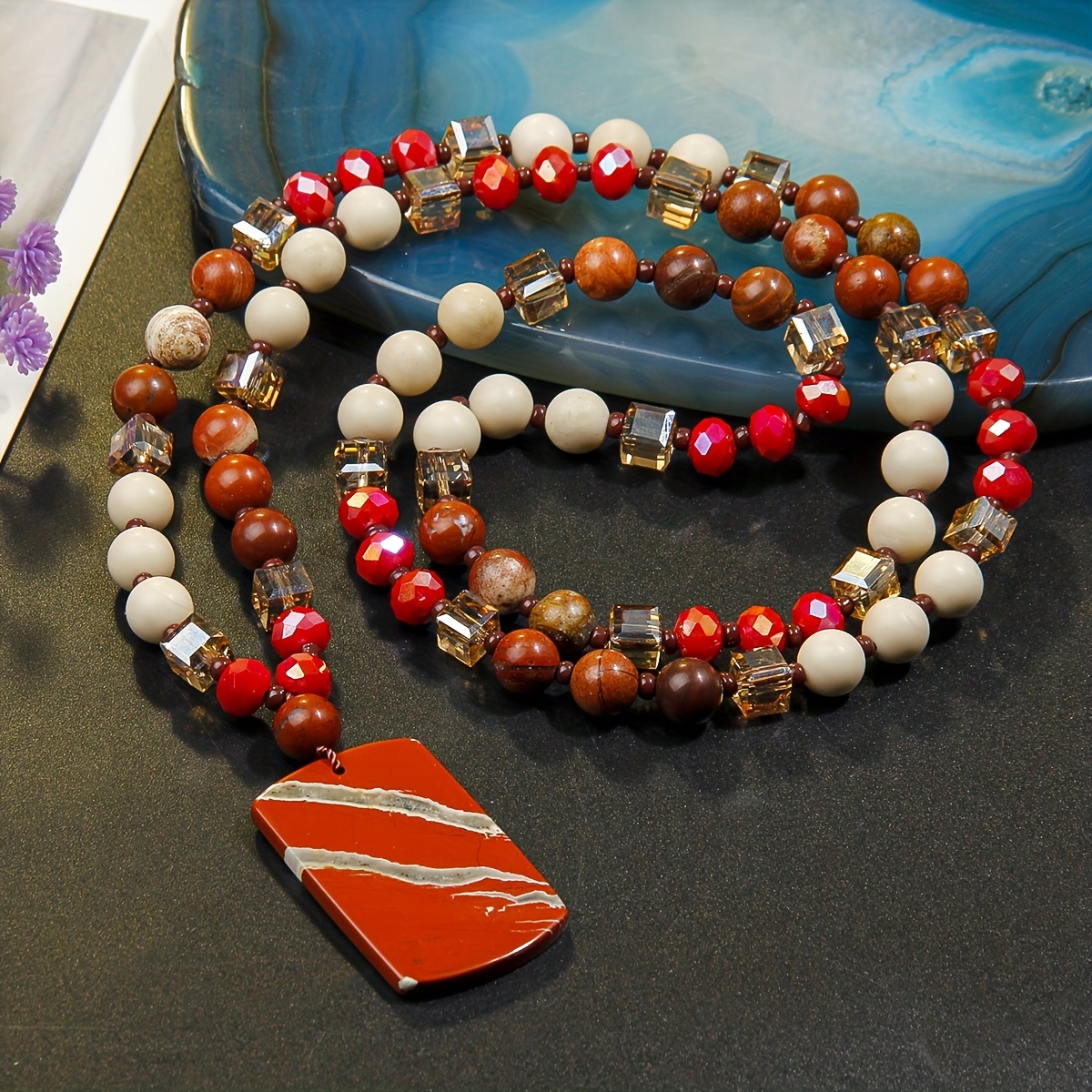 Red Natural Stone Pendant Sweater Chain Necklace