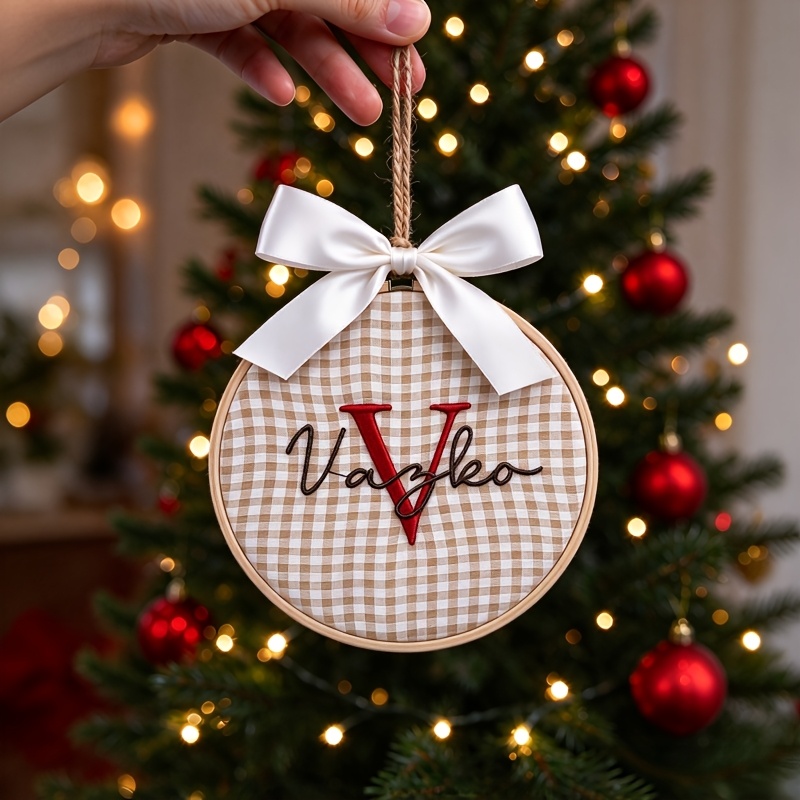 TEMU Ornement de Noël personnalisé avec initiale et nom brodés sur cercle à broder rond en tissu à carreaux, décoration à suspendre, cadeau de Noël
