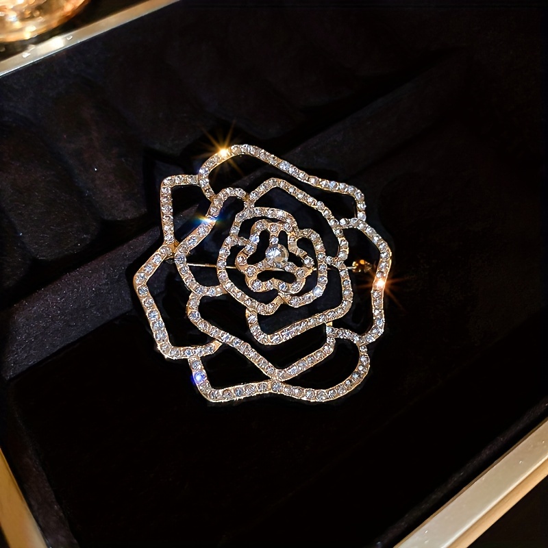 Fashionable And Elegant Hollow Rhinestone Camellia Flower Brooch, High-end Rose Flower Corsage