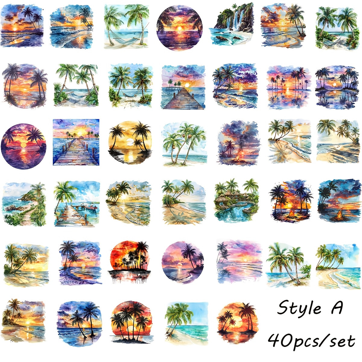 Image of 40pcs/set Handmade Creative Summer Beach Journal Notebook Stickers Vintage Beach Vacation Palm Tree Scenery Decoration Stickers Journal Stickers Magazine Decoration