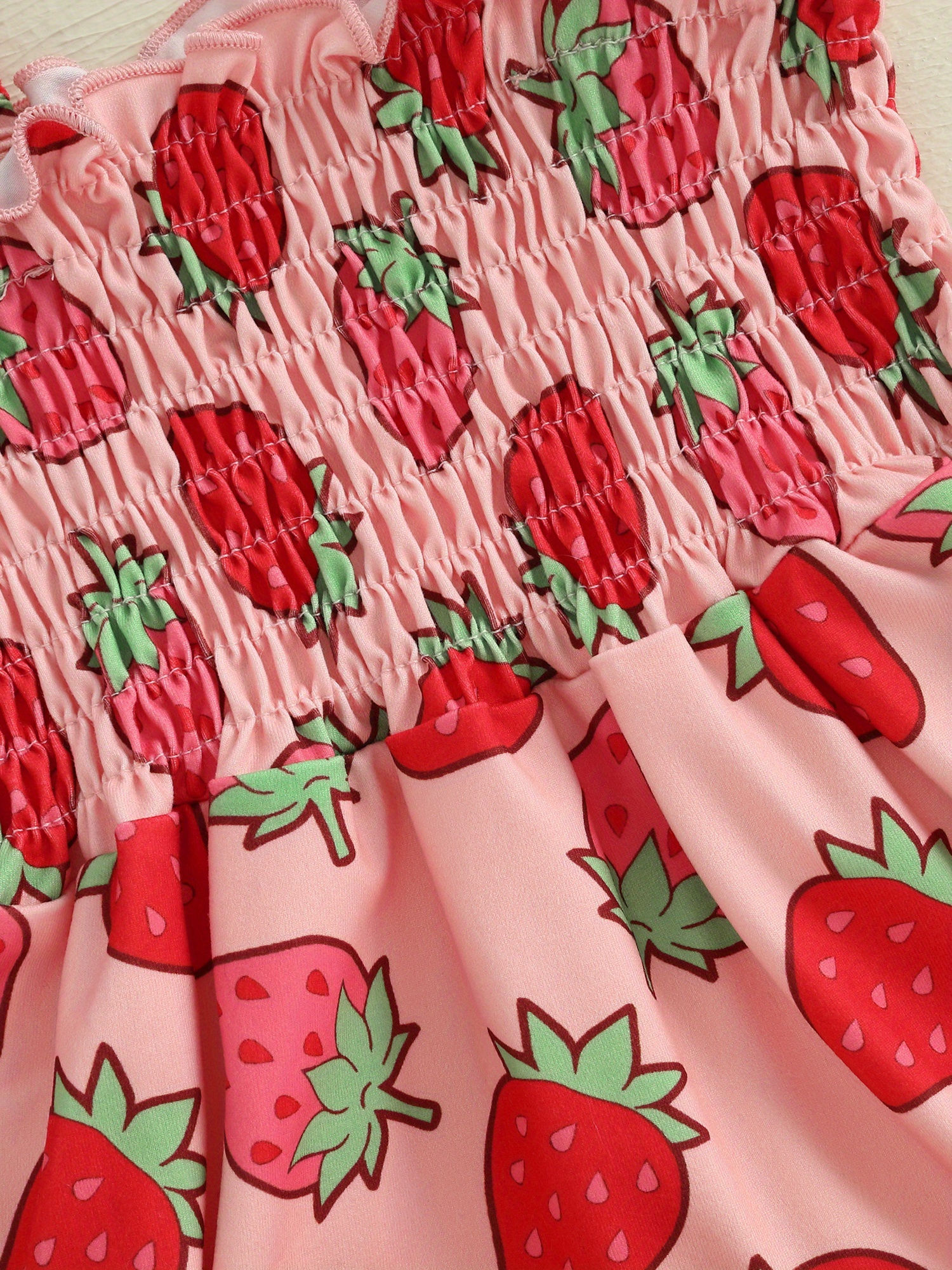 Adorable Strawberry Print Sleeveless Baby Girl Romper with Bodice Legs  Soft Polyester Blend, Machine Washable, Spring Casual Jumpsuit with