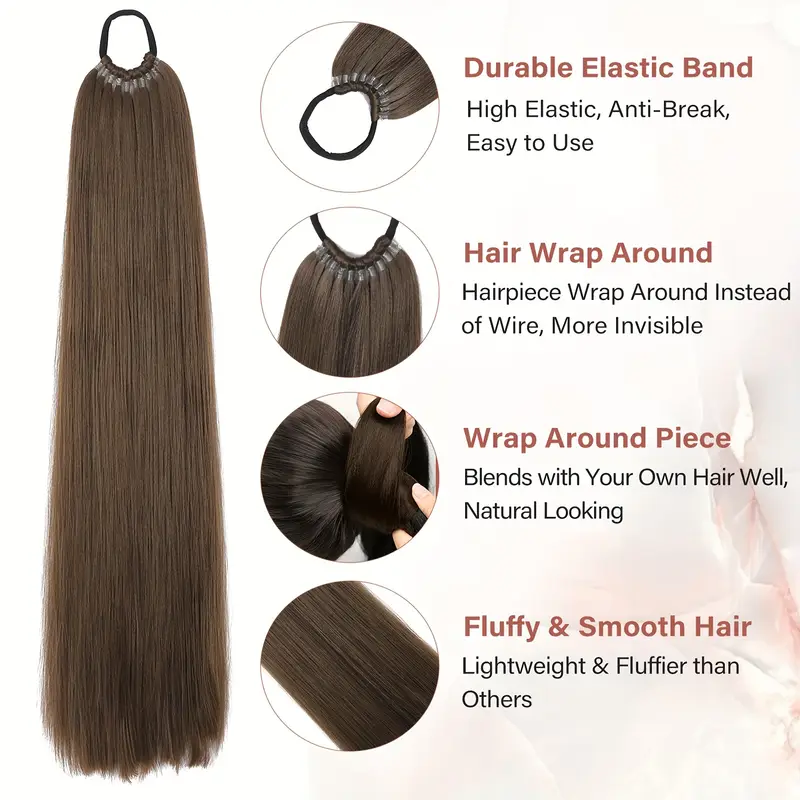 26 inch long straight ponytail extension with braided boxing ties and rubber bands for diy details 1