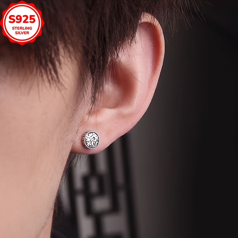 Vintage Dragon Pattern 925 Sterling Silver Stud Earrings