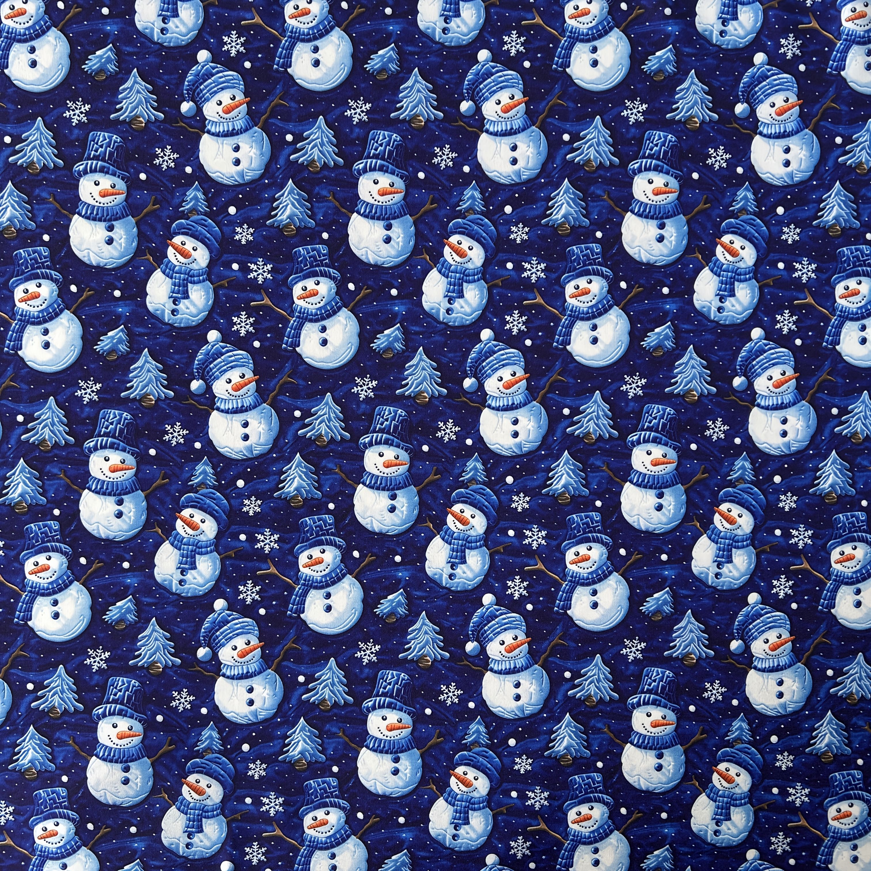 TEMU 1pc, Romantic Snowman Winter Scene Printed Fabric, Light X Dark Blue Retro, Light Blue Snowman Wearing Red Scarf, Dark Blue Snowman Wrapped In