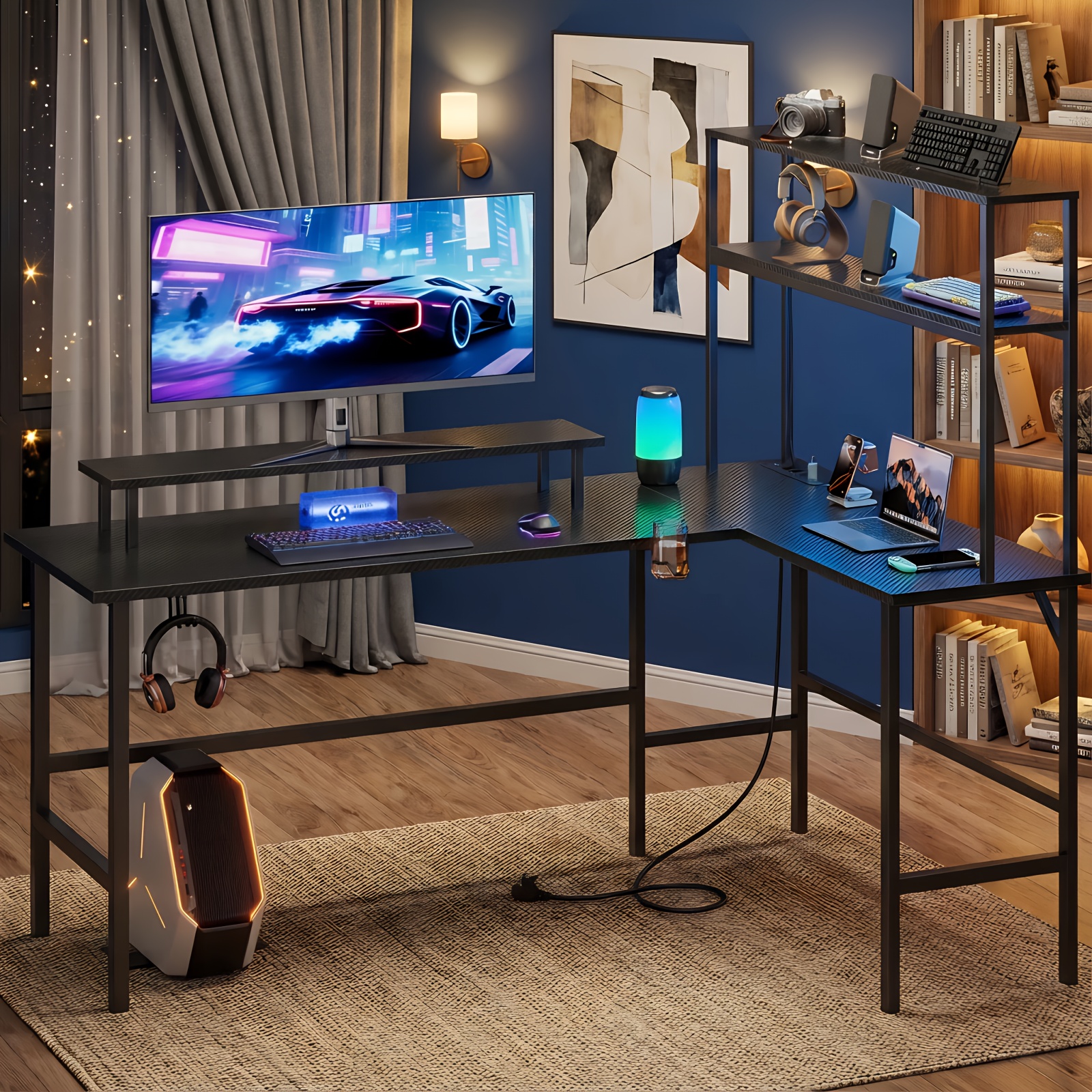 Image of L-shaped Gaming Desk, Reversible Computer Desk With Power Outlet Led Light, Desk With Hutch And Monitor Stand, Pc Table For Home/office/bedroom