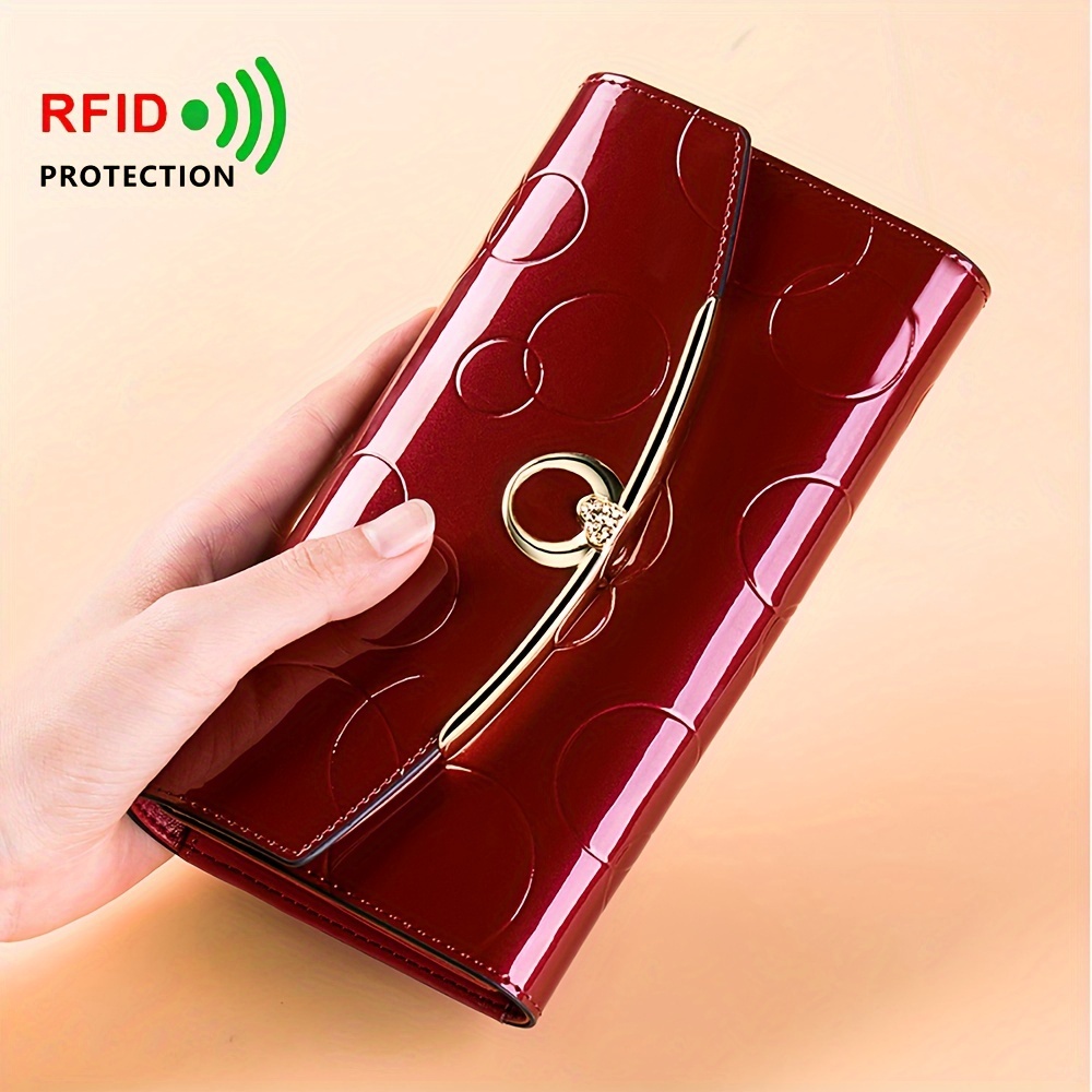 

1pc Marlekarida Fashion Patent Leather Wallet For Women, Rfid Blocking, High-end 3-fold Long Wallet With Snap Closure, Large Capacity, Zip Pocket, Polyester Lined, Painted, Credit Card Compartments