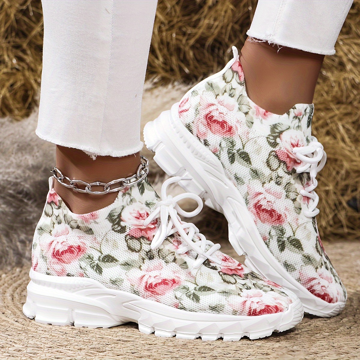 

Baskets chunky tricotées à motif floral pour femmes, des chaussures de sport romantiques et confortables, idéales pour la marche