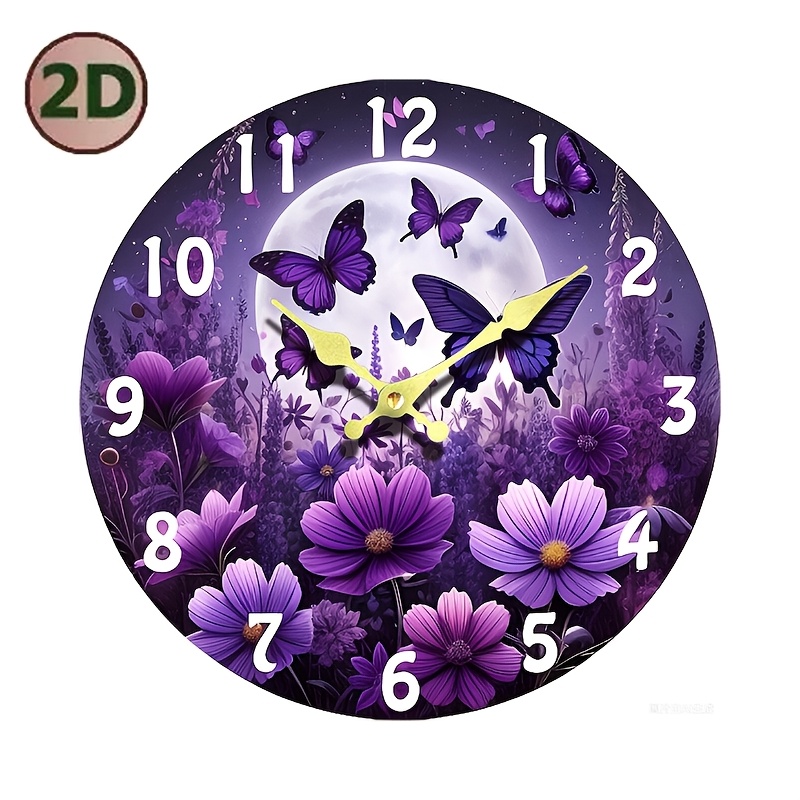 

2d Flat Hanging Clock, Silent And No Ticking, Purple Creative Hanging Clock, Purple Floral Clock, Creative Retro Decoration For Bathroom, Kitchen, Living Room, Battery Powered, Battery Not Included