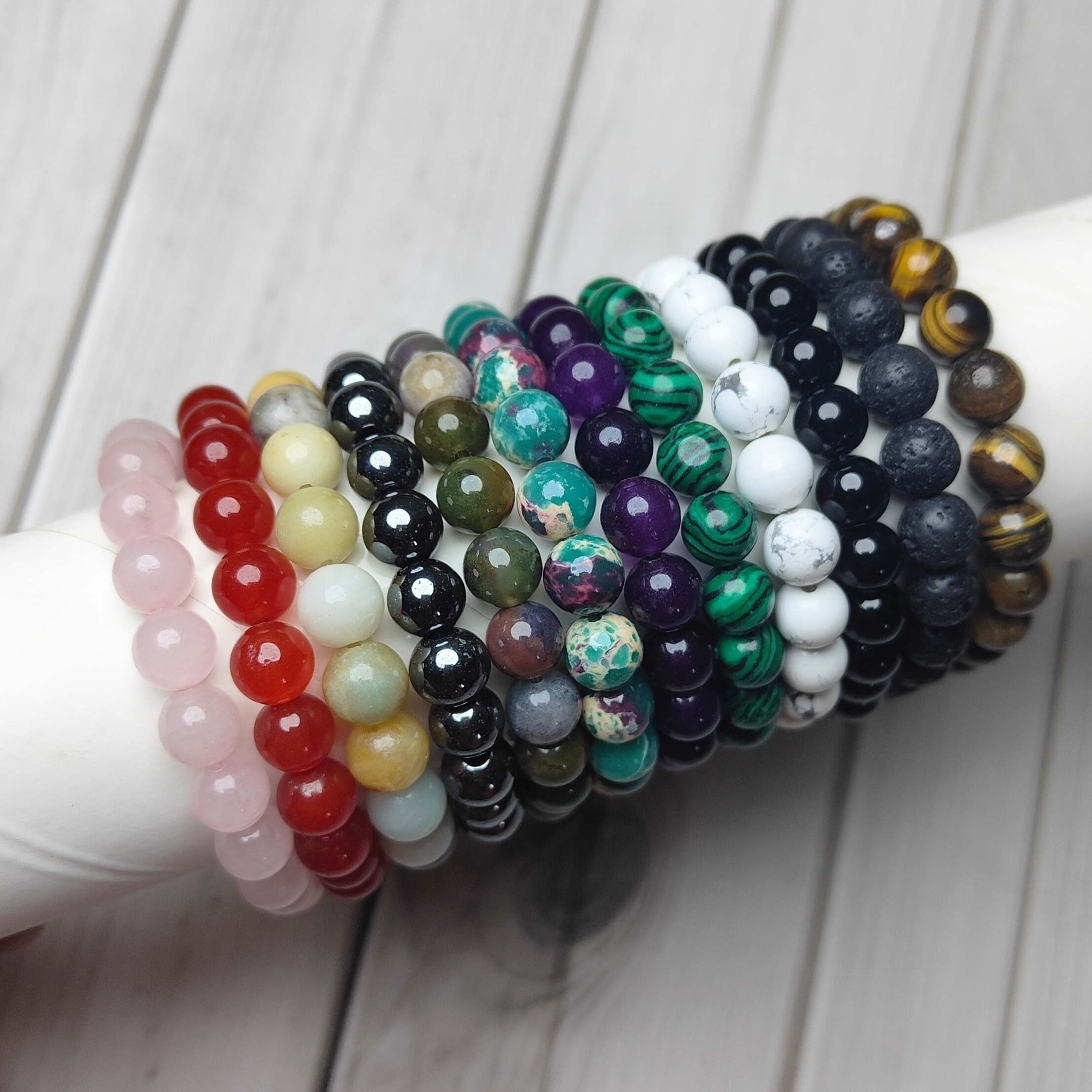 

12pcs 8mm Bead Bracelets For Women Men, Gemstone Beaded Stretch Bracelets, Stone Bracelets, Unisex Holiday Gift, Simple And Elegant Hand Accessories