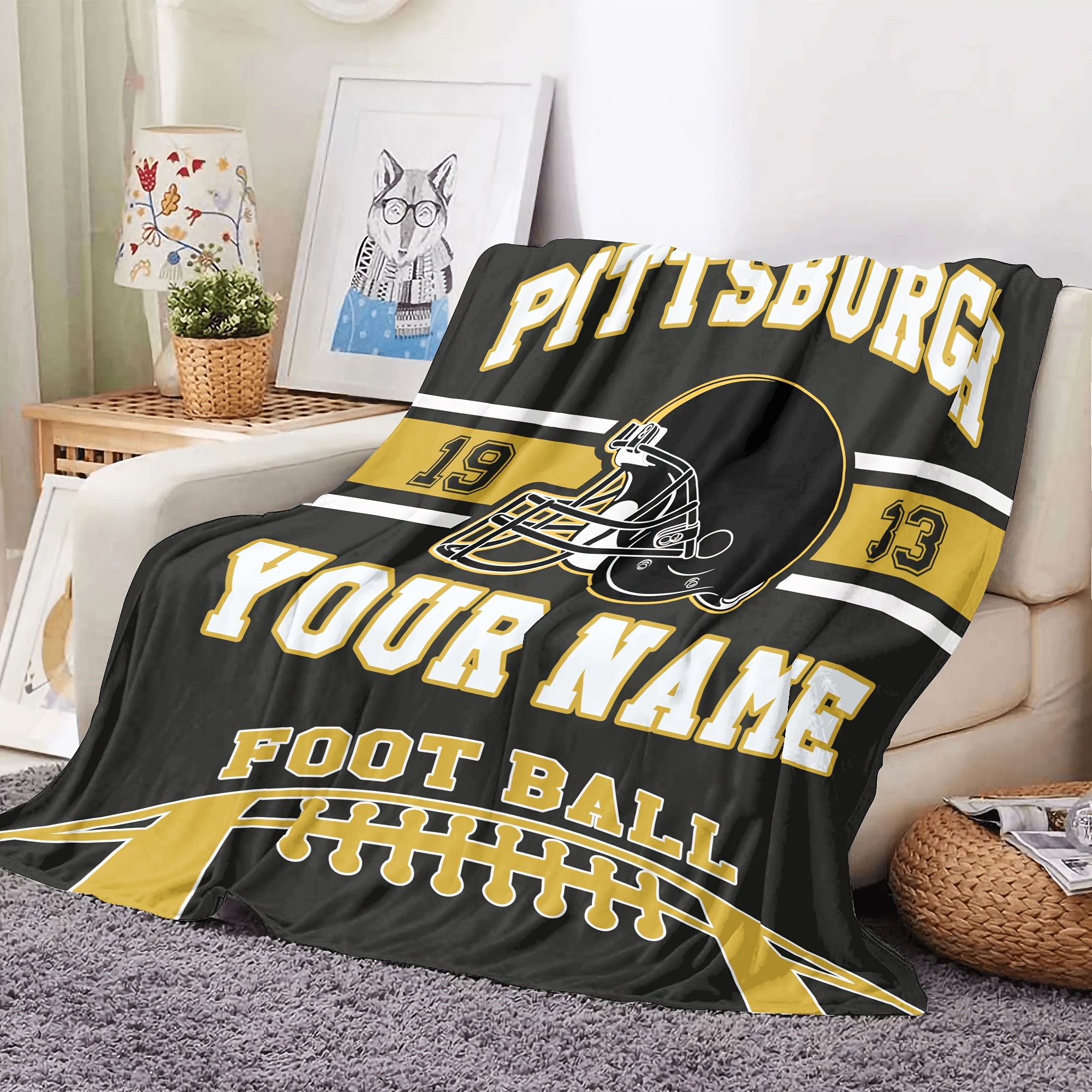 

Custom Pittsburgh Football Fleece Throw Blanket - Personalized Name, Perfect Gift For Sports Fans, Ideal For Bed, Sofa, Or Travel