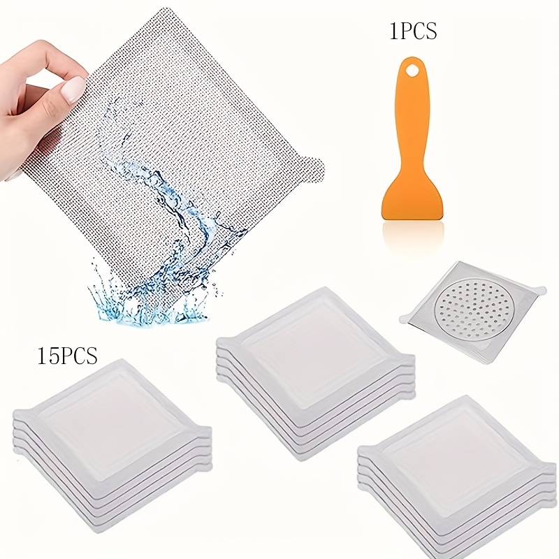 Image of 16pcs Disposable Shower Drain Strainer Stickers With Yellow Plastic Scoop, Shower Drain Hair Filter, Suitable For Bathroom/bathtub/kitchen Drain Hair Catcher