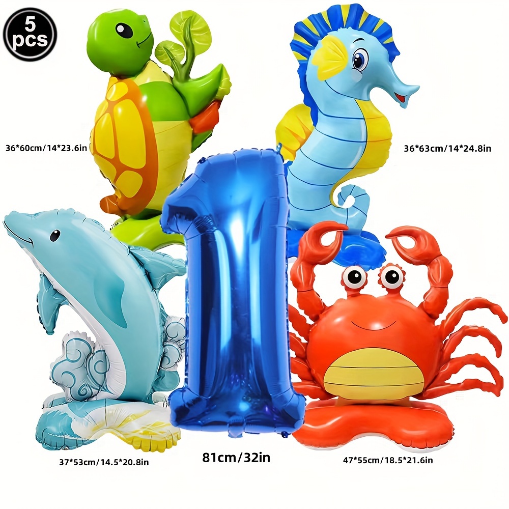 Image of Set Of 5 Adorable Sea Creature Balloons Featuring A Crab, Seahorse, Dolphin, And Turtle, Perfect For Under-the-sea Themed Birthday Decorations. For Christmas, Halloween