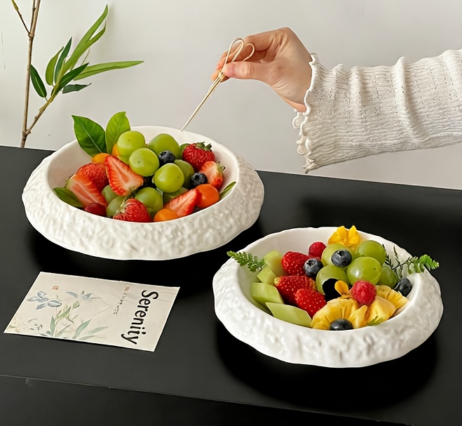 2pcs 10&20.32 cm Textured Rock Pattern Wide Rim Ceramic Plates, Light Luxury High-Grade Large Capacity Deep Plates, Multipurpose for Soup, Dishes & Fruits.