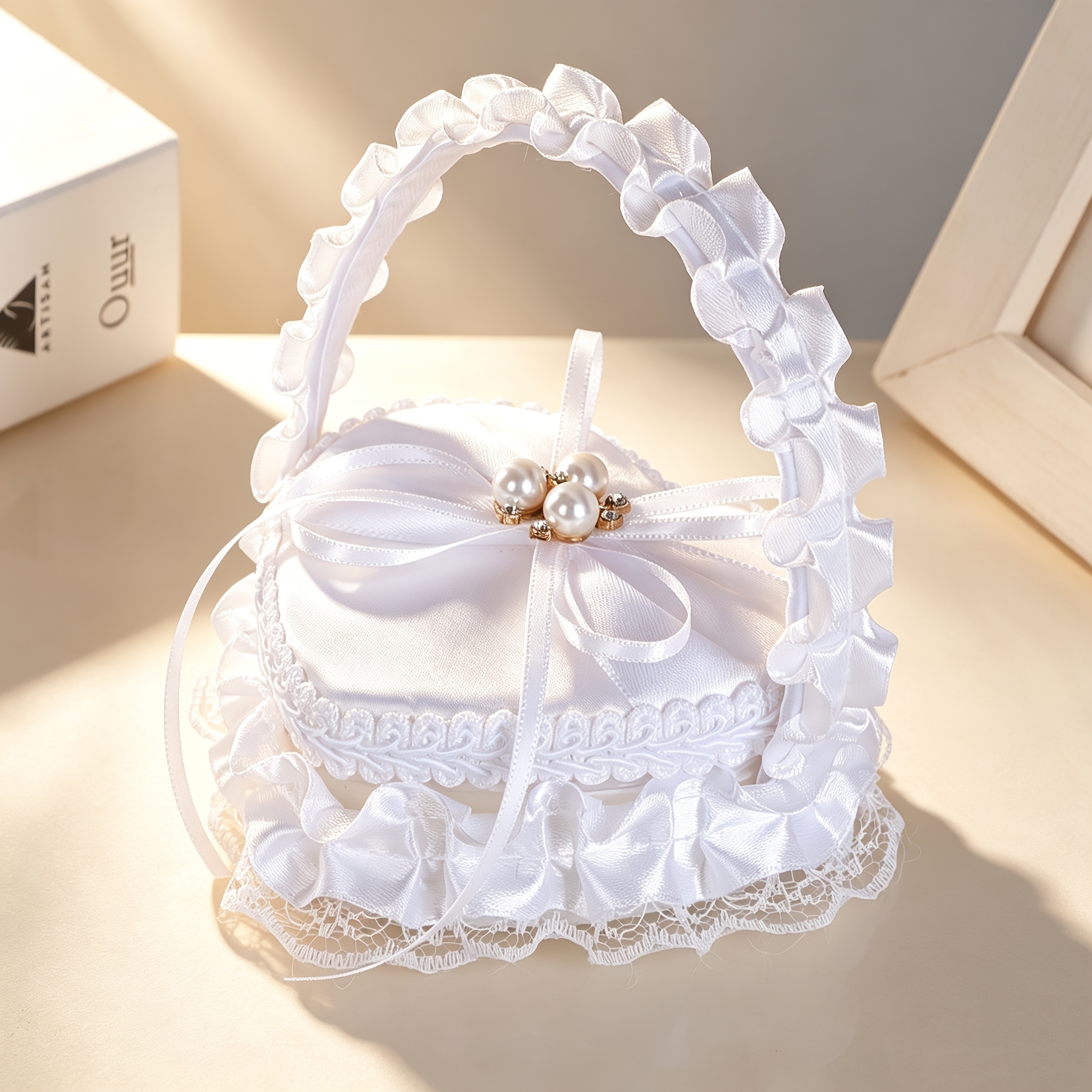 TEMU Élégant panier à bague de mariage en ruban de dentelle, support de coussin à bague de cœur avec décoration de perles pour fête de mariage de