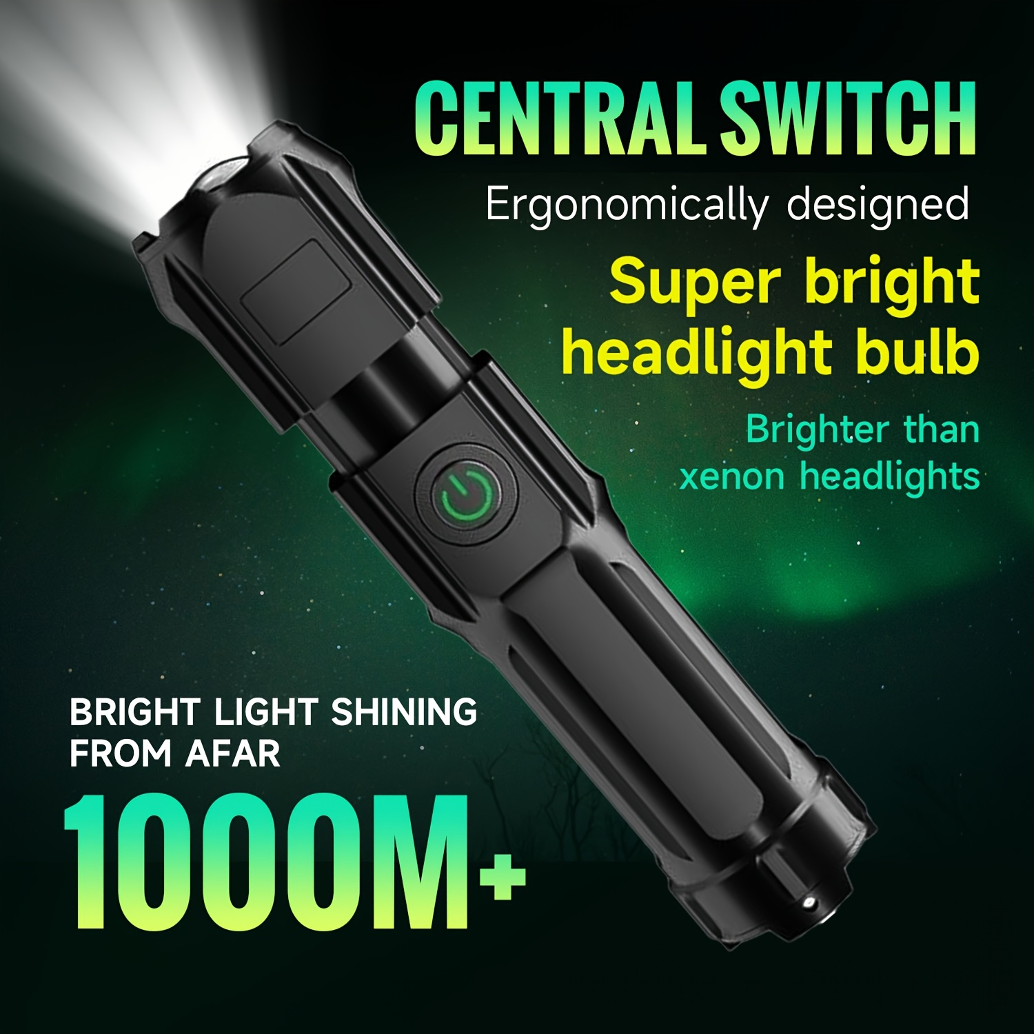 summer outdoor special edition portable high power flashlight 1000  long distance lighting 3 lighting   adjustable focus usb charging suitable for home and outdoor use outdoor lighting tool 1200 mah battery capacity Product details 0