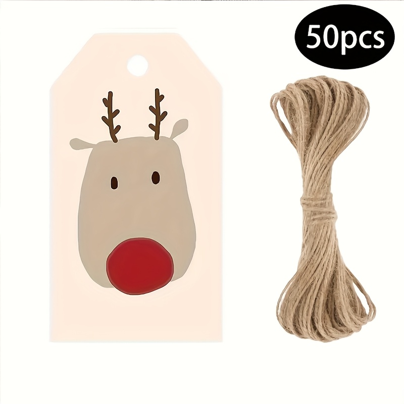 Image of 50pcs Gift Tag Cards With Jute - Beige Reindeer With - Minimalist Beige And Brown Tags, Suitable For Christmas, Birthdays, Weddings, Parties - Paper Tags With Oversized Jute Rope