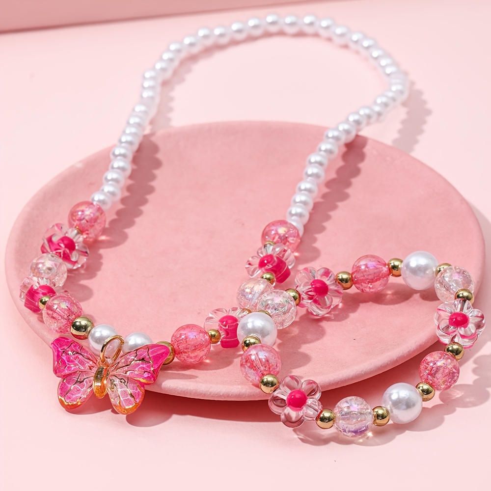TEMU 2pcs Cute Pink Pendant Elastic Bracelet And Necklace Jewelry Set For Girls, Bff Friendship Gifts, Perfect For Holiday Parties, Music Festivals