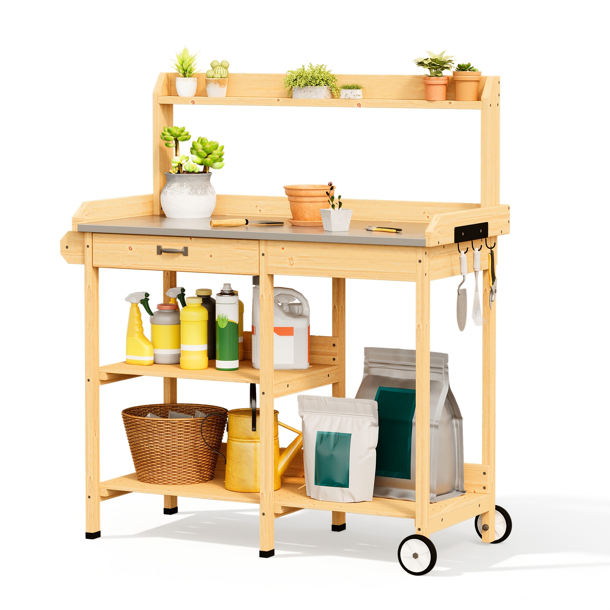 Image of Outdoor Garden Potting Bench Table With Metal Tabletop, Rolling Workstation Cart With Drawer, Shelves & Hooks, Wooden Gardening Storage Cabinet For Patio, Backyard, Greenhouse