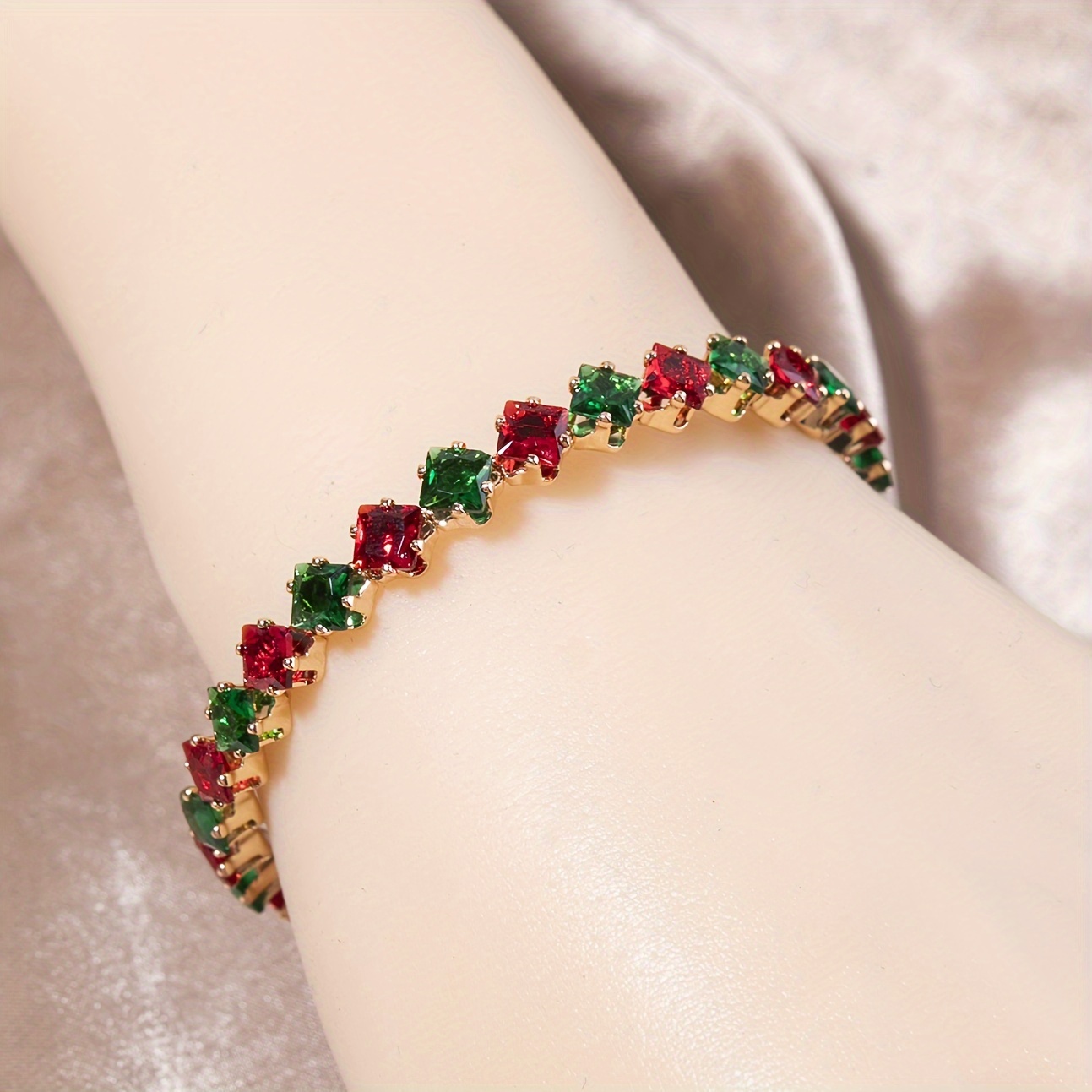 

Elegant Red & Green Zirconia-inspired Copper Bracelet For Women - Perfect Christmas Party Accessory