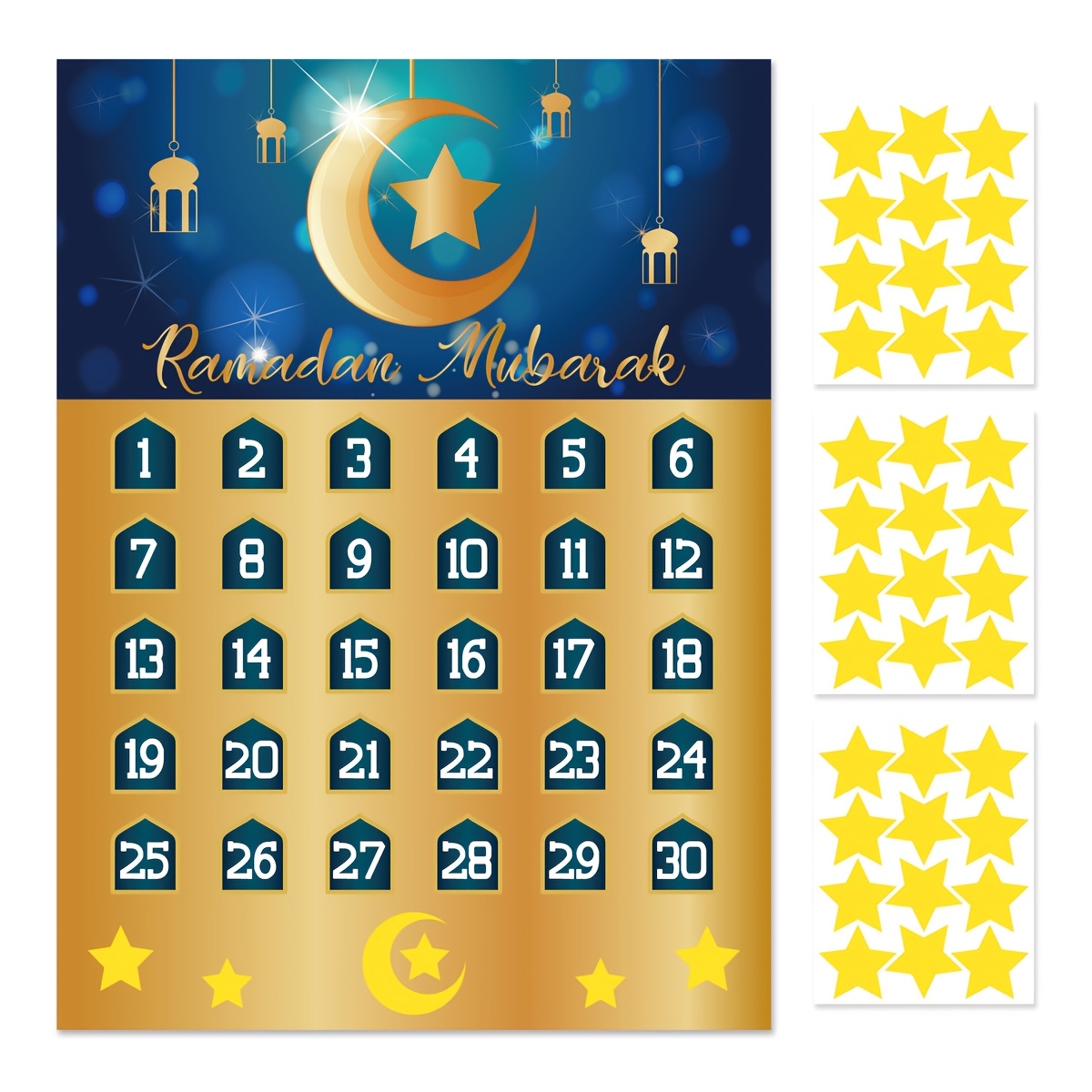 

Ramadan Advent Calendar Set - Elegant Golden & Blue With Countdown To Ramadan Mubarak, Includes Star Stickers For Home & Party Decoration