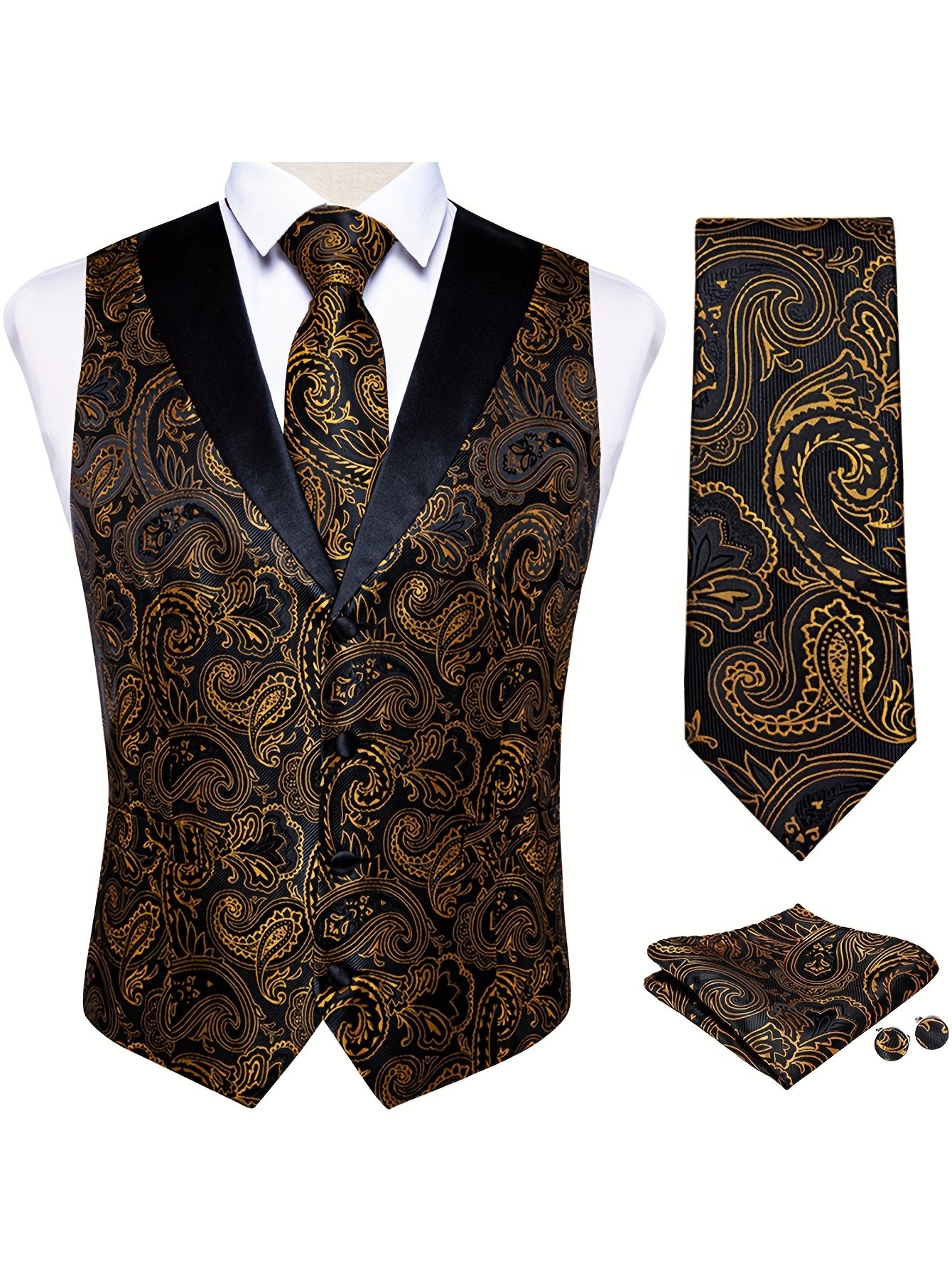 fashionable paisley vest set with a lapel including a vest tie handkerchief and cufflinks