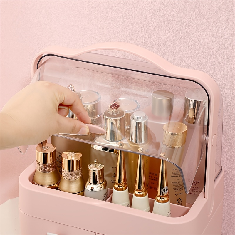 pink expandable makeup organizer with drawers dustproof cosmetic storage box for skincare lipstick jewelry and brushes transparent lid multi tiered compartments vanity or bathroom countertop cosmetic storage organizer details 9