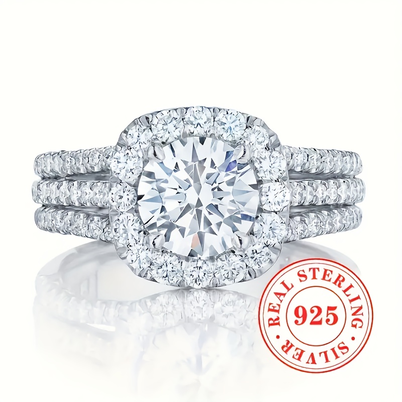 TEMU Bague de Fiançailles en Synthétique Brillant, Monture à 4 Griffes en Argent Pur S925, Bijou Haut de Gamme pour Femme, Mariage ou Banquet