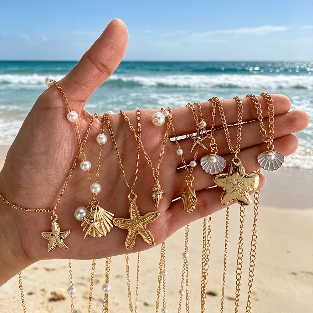 TEMU 8pcs Bohemian Artificial Starfish Seashell Pearl Pendant Women's Fashion Layered Party Date Gift Daily Versatile Vacation Necklace Set