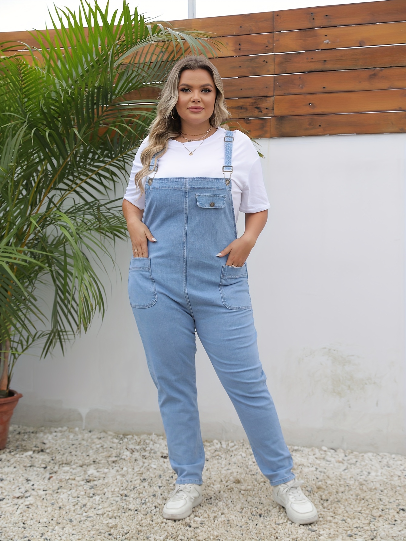 Women's Plus Size Light Blue Denim Jumpsuit High Waist, Straight Leg,  Full Length Ankle-Length with Pockets, Casual Comfortable Jean Romper for  Ca
