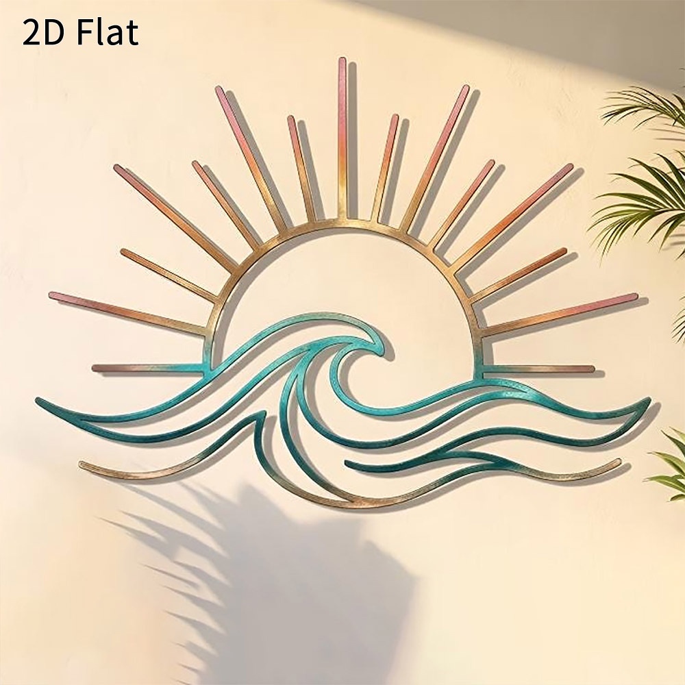 [2D Flat] 1pc Sun and Ocean Waves Metal Wall Art, Rustic Beach Decor, Durable Metal Sign, Suitable for Home, Living Room, Courtyard, Garden, Summer Seaside Wall Hanging, Can Be Used as a Housewarming or Birthday Gift