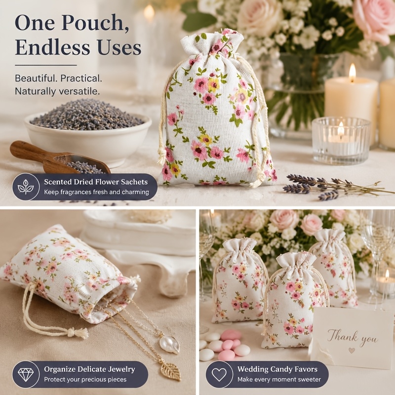 TEMU Gift For Her/him 10pcs Linen Drawstring Pouch Set, Vintage Linen Texture, Romantic Rose Floral Print, Storage & Organization Pouches, Vintage
