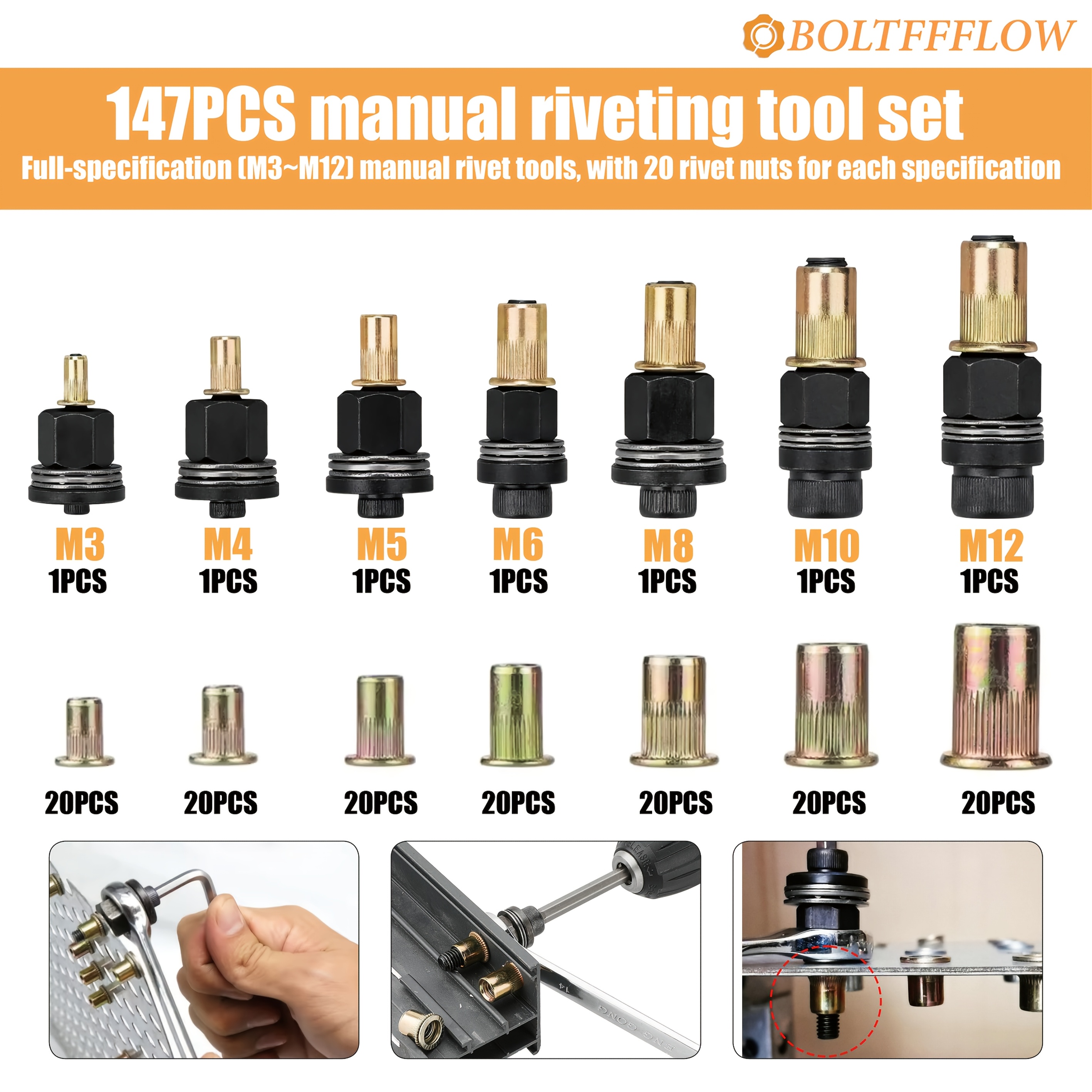 147pcs manual   tool set rivet gun with 7 sizes of rivets   m12 20pcs per size   hand   for diy and multi purpose metal   suitable for automotive use details 0