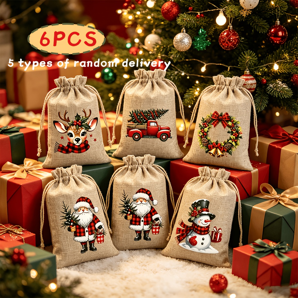 TEMU Sacs Cadeaux de Noël en Lin pour Elle/Lui, Lot de 6 ou 18, Expédition Aléatoire de 5 sur le Thème de Noël, Sacs Cadeaux de Noël de 5,9 x 3,9