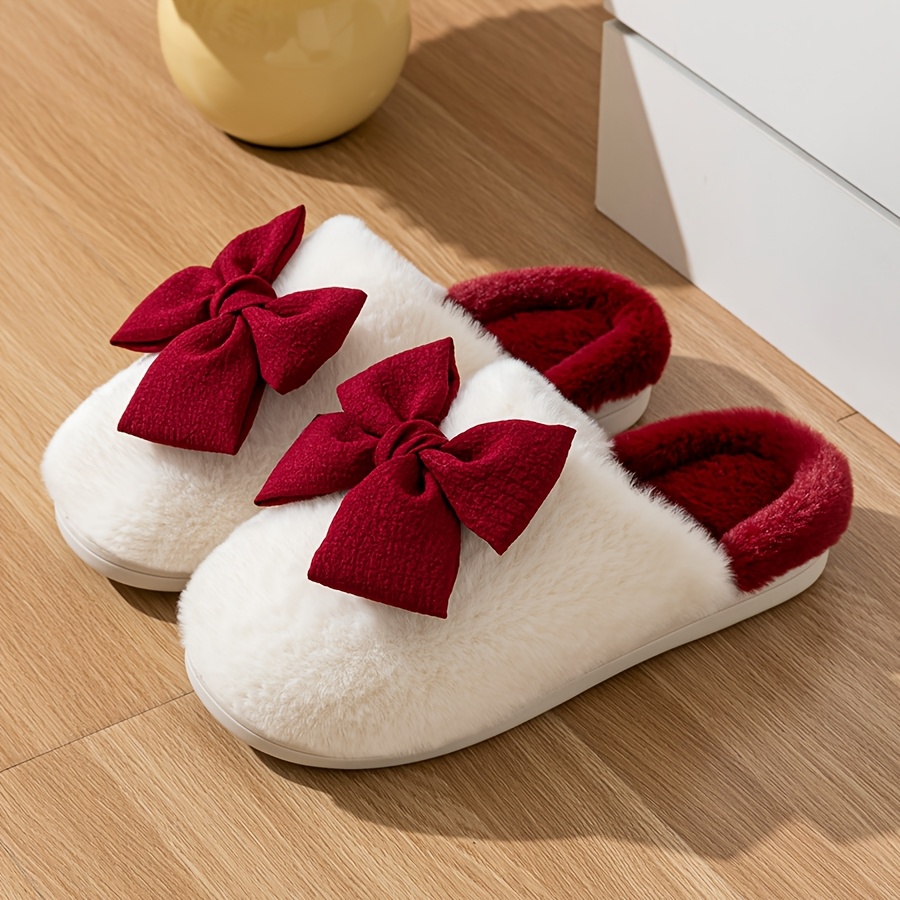 Fashionable Winter Indoor Women's Cute Big Bow Comfortable Non-slip Festive Slippers, Women Shoes