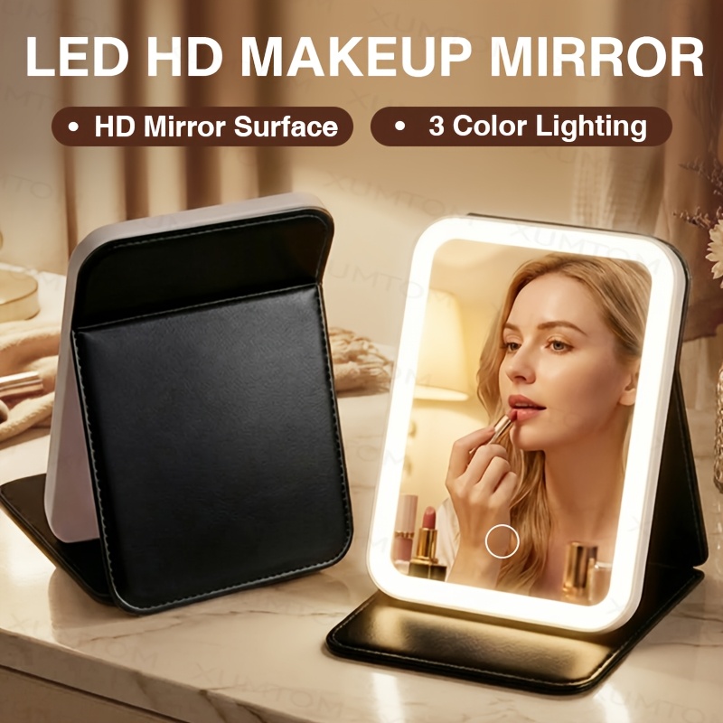 LED Makeup Mirror, Foldable Mirror with Warm/White/Natural Light, Three-Color Intelligent Brightness Adjustment, Portable Folding Touch Control for Vanity Lighting, Designed for Women - Rechargeable Battery, 3 Types of Folding Styles, Long Press