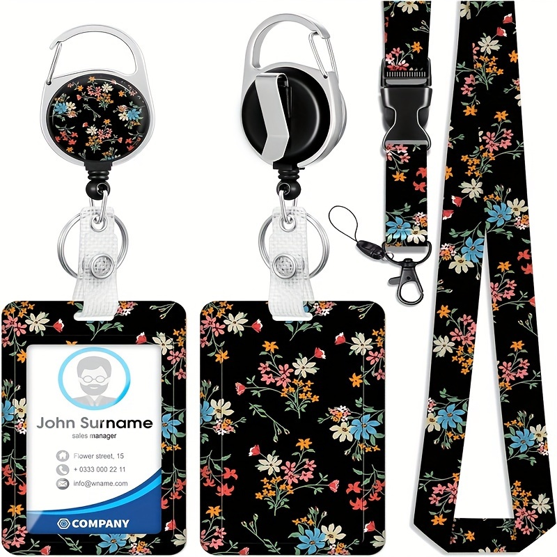 

Floral Badge Holder Set With Retractable Reel, Breakaway Lanyard & Slide Cover - Durable Plastic Id Card Holder For Students, Nurses, And Office Workers (1 Set)