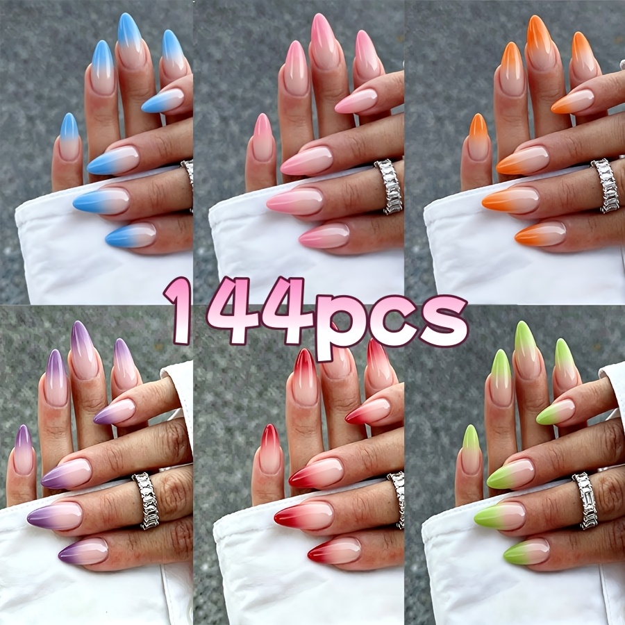 TEMU 144 uñas postizas de prensa con degradado de (6 estilos), combinación multicolor, incluyendo , rosa, , azul, verde, naranja, combinación