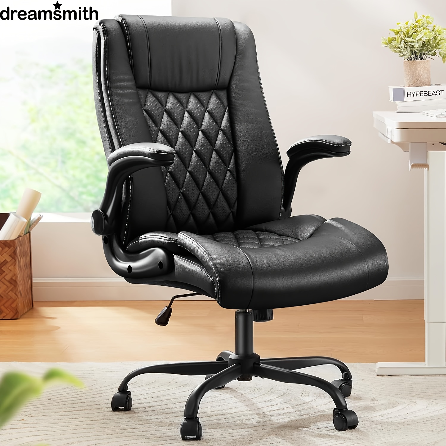 

Dreamsmith Ergonomic Office Chair With Flip-up Armrests, Adjustable Height & Swivel , - Black, Wide Base, Metal Frame, Ideal For Home Office Use, Swivel Chair | Sleek | Upholstery, Desk Chair